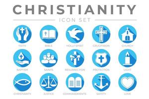 Blau Christentum Symbol einstellen mit Glaube, Bibel, Kreuzigung , Taufe, Kirche, Auferstehung, heilig Geist, Heilige, Gebote, Licht, Schutz, Gerechtigkeit, Sicherheit und Liebe Farbe Symbole vektor