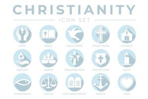 Weiß Christentum Symbol einstellen mit Glaube, Bibel, Kreuzigung , Taufe, Kirche, Auferstehung, heilig Geist, Heilige, Gebote, Licht, Schutz, Gerechtigkeit, Sicherheit und Liebe Farbe Symbole vektor
