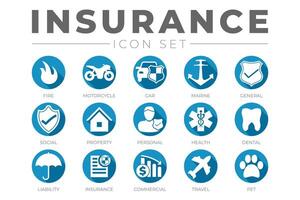 runden eben Versicherung Symbol einstellen mit Auto, Eigentum, Feuer, Leben, Haustier, reisen, Zahn, Gesundheit, Marine, Haftung Versicherung Symbole vektor