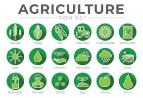 Grün bunt Landwirtschaft runden Symbol einstellen von Weizen, Mais, Soja, Traktor, Sonnenblume, Dünger, Sonne, Wasser, Wachstum, Wetter, Regen, Felder, Pestizid, Bauer, Samen, Boden, Apfel, Obst Symbole. vektor
