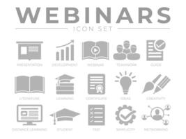 webinar ikon uppsättning. presentation, utveckling, webbseminarier, nätverk, lagarbete, guide, litteratur, inlärning, certifikat, idéer, kreativitet, distans inlärning, studerande, testa, enkelhet ikoner. vektor