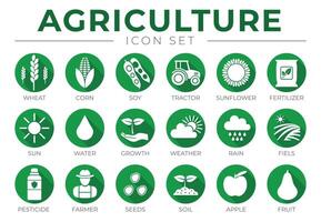 grön lantbruk runda ikon uppsättning av vete, majs, soja, traktor, solros, gödselmedel, Sol, vatten, tillväxt, väder, regn, fält, pesticid, jordbrukare frön, jord, äpple, frukt ikoner. vektor