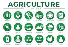 Grün Landwirtschaft runden Symbol einstellen von Weizen, Mais, Soja, Traktor, Sonnenblume, Dünger, Sonne, Wasser, Wachstum, Wetter, Regen, Felder, Pestizid, Farmer Samen, Boden, Apfel, Obst Symbole. vektor