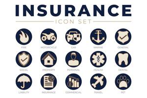 elegant försäkring ikon uppsättning med bil, fast egendom, brand, liv, sällskapsdjur, resa, dental, kommersiell, hälsa, marin, ansvar webb ikoner vektor
