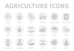 Licht grau Landwirtschaft runden Symbol einstellen von Weizen, Mais, Soja, Traktor, Sonnenblume, Dünger, Sonne, Wasser, Wachstum, Wetter, Regen, Felder, Pestizid, Farmer Samen, Boden, Apfel, Obst Symbole. vektor