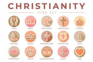 färgrik orange kristendomen ikon uppsättning med tro, bibel, crucifixion , dop, kyrka, uppståndelse, helig anda, helgon, bud, ljus, skydd, rättvisa, säkerhet och kärlek tunn ikoner vektor
