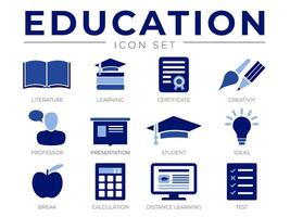 utbildning skola ikon uppsättning. litteratur, inlärning, certifikat, kreativitet, professor, presentation, studerande, idéer, beräkning, distans inlärning testa ikoner vektor