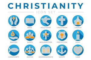 runden Christentum Symbol einstellen mit Glaube, Bibel, Kreuzigung , Taufe, Kirche, Auferstehung, heilig Geist, Heilige, Gebote, Licht, Schutz, Gerechtigkeit, Sicherheit und Liebe dünn Symbole vektor