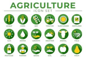 grön och gul lantbruk runda ikon uppsättning av vete, majs, soja, traktor, solros, gödselmedel, Sol, vatten, tillväxt, väder, regn, fält, pesticid, jordbrukare frön, jord, äpple, frukt ikoner. vektor