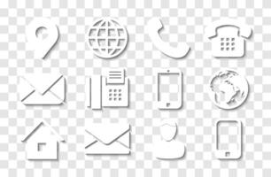 vit Kontakt info ikon uppsättning med skuggor för plats stift, telefon, fax, mobiltelefon, person och e-post ikoner. vektor