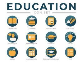 gul och blå utbildning skola ikon uppsättning. litteratur, inlärning, certifikat, kreativitet, professor, presentation, studerande, idéer, beräkning, distans inlärning testa ikoner vektor