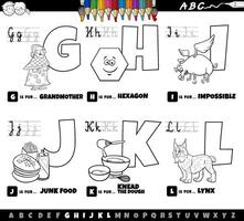 pedagogiska tecknade alfabetbokstäver från g till l målarbok vektor