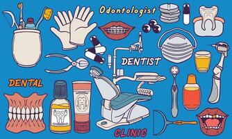hand dragen medicinsk tandläkare klinik Utrustning klotter uppsättning . hälsa läkare Utrustning illustration. vektor