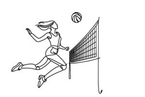 einer kontinuierlich schwarz Linie Zeichnung von Volleyball Frau springen und trete Ball mit Volleyball Netz Gekritzel linear Zeichnung Karikatur auf Weiß Hintergrund. vektor