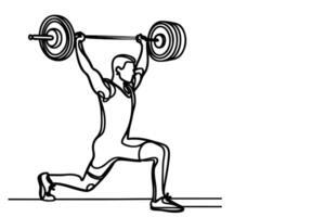 einer kontinuierlich schwarz Linie Zeichnung von Mann Heben Barbe mit ein schwer Gewicht Bar Gewichtheben beim Fitnessstudio Gekritzel linear Zeichnung Karikatur auf Weiß Hintergrund vektor