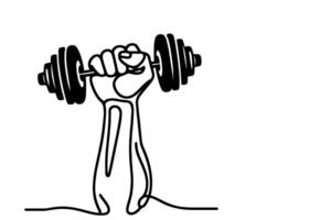 einer kontinuierlich schwarz Linie Zeichnung von Nahansicht stark Hand Mann Heben oben Stahl Hantel mit ein schwer Gewicht Hantel Gewichtheben beim Fitnessstudio Gekritzel linear Zeichnung Karikatur auf Weiß Hintergrund vektor