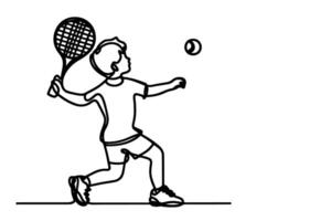 einer kontinuierlich schwarz Linie Hand Zeichnung von Kind spielen Tennis Gekritzel linear Zeichnung Mann Karikatur Spieler auf Weiß. vektor
