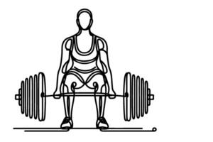 einer kontinuierlich schwarz Linie Zeichnung von Mann Heben Barbe mit ein schwer Gewicht Bar Gewichtheben beim Fitnessstudio Gekritzel linear Zeichnung Karikatur auf Weiß Hintergrund vektor