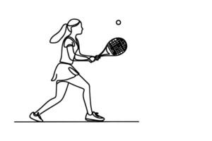 einer kontinuierlich schwarz Linie Hand Zeichnung von Frau spielen Tennis Gekritzel linear Zeichnung Mädchen Karikatur Spieler auf Weiß. vektor