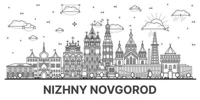 Gliederung nischni novgorod Russland Stadt Horizont mit modern und historisch Gebäude isoliert auf Weiß. nischni novgorod Stadtbild mit Sehenswürdigkeiten. vektor
