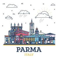 Gliederung Parma Italien Stadt Horizont mit farbig historisch Gebäude isoliert auf Weiß. Parma Stadtbild mit Sehenswürdigkeiten. vektor