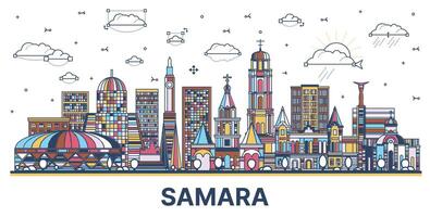 Gliederung Samara Russland Stadt Horizont mit farbig modern und historisch Gebäude isoliert auf Weiß. Samara Stadtbild mit Sehenswürdigkeiten. vektor