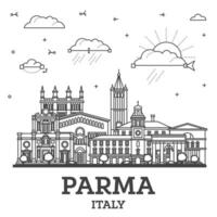Gliederung Parma Italien Stadt Horizont mit historisch Gebäude isoliert auf Weiß. Parma Stadtbild mit Sehenswürdigkeiten. vektor