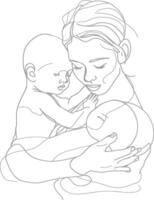 einer kontinuierlich Linie Zeichnung von Mutter halten Baby schwarz Farbe nur vektor