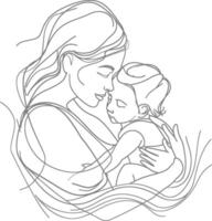 ett kontinuerlig linje teckning av mor innehav bebis svart Färg endast vektor