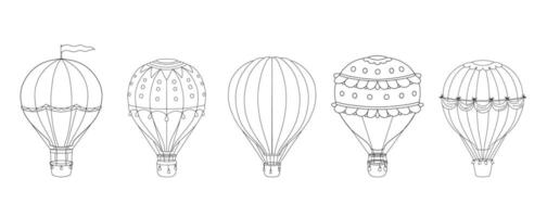 översikt varm luft ballong uppsättning. linje illustration isolerat på vit för färg bok vektor