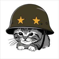 hand dragen illustration av en kattunge bär en armén hjälm vektor