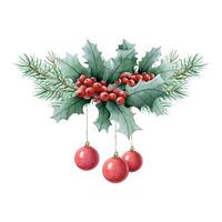 Weihnachten Baum Geäst, Stechpalme rot Beeren und hängend Bälle Ornament Aquarell Illustration. Winter Ferien Symbol vektor