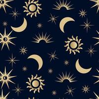 golden nahtlos Muster mit mystisch Magie Elemente von verschiedene Sonne und Mond Formen. Artikel von spirituell Okkultismus und Esoterik, modisch Stil. vektor