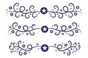 4 .. von Juli Beschriftung Header aufwendig wirbelt, patriotisch rot Sterne, und Blau elegant schick Trennzeichen dekorativ Elemente, amerikanisch Unabhängigkeit Tag Kalligraphie gedeiht Text Teiler vektor