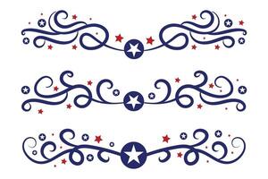 4 .. von Juli Beschriftung Header aufwendig wirbelt, patriotisch rot Sterne, und Blau elegant schick Trennzeichen dekorativ Elemente, amerikanisch Unabhängigkeit Tag Kalligraphie gedeiht Text Teiler vektor