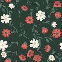 ein Jahrgang nahtlos Muster mit einfach, eben Blumen Kamille, Mohn Grün Hintergrund. Blume Pflanzen Ideal zum Textil, Hintergrund, oder Stoff. vektor