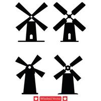 Jahrgang Beschwerde klassisch Windmühle Silhouetten zum zeitlos Kunst vektor