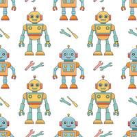 nahtlos Muster von Karikatur Zeichen Roboter und Droiden. Hintergrund von süß Kinder- Roboter Spielzeuge. vektor