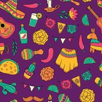 cinco de mayo sömlös mönster med doodles, tecknad serie element för tapet, bakgrunder, textil- grafik, omslag papper, förpackning, etc. eps 10 vektor