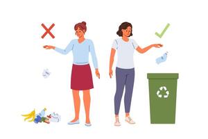 bewusst Frau werfen Plastik in Müll dürfen, Stehen in der Nähe von tief Mädchen werfen Abfall auf Boden vektor