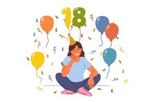 Frau feiert 18 .. Geburtstag, stolz erreichen Erwachsensein, und sitzt auf Fußboden unter Süßigkeiten und Luftballons vektor