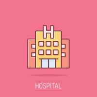 Krankenhaus Gebäude Symbol im Comic Stil. medizinisch Klinik Karikatur Illustration auf isoliert Hintergrund. Medizin Spritzen bewirken Zeichen Geschäft Konzept. vektor