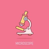 mikroskop ikon i komisk stil. laboratorium förstoringsglas tecknad serie illustration på isolerat bakgrund. biologi instrument stänk effekt tecken företag begrepp. vektor