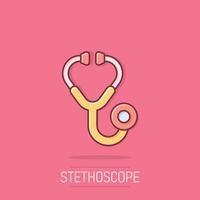 Stethoskop Symbol im Comic Stil. Herz Diagnose Karikatur Illustration auf isoliert Hintergrund. Medizin Spritzen bewirken Zeichen Geschäft Konzept. vektor