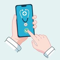 hand läkare innehav en smartphone med en stetoskop för hört läkare via uppkopplad vektor