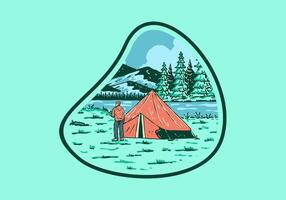 Fluss Seite Camping. Jahrgang draussen Illustration Abzeichen vektor