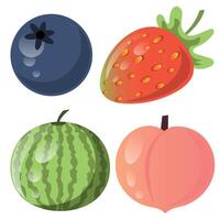 Sommer- Obst einstellen Wassermelone, Erdbeere, Blaubeere, Pfirsich auf Weiß Hintergrund eben Stil vektor