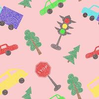sömlös mönster med hand dragen bilar på rosa bakgrund i barns naiv stil. vektor