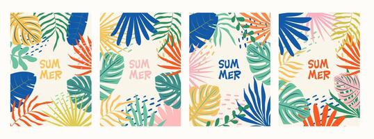 einstellen von bunt Sommer- Hintergründe mit tropisch Palme Blätter. Sommer- Konzept Design. botanisch Urwald Blätter und Blumen- Rahmen zum Sommer- Verkauf Banner, Poster, Karte. modern modisch minimal Design. vektor