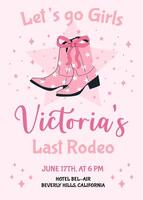 Henne Party Einladung Karte. zuletzt Rodeo Bachelorette Party Einladung Vorlage mit Rosa Kokette Cowboy Stiefel und Bogen. Cowgirl Disko Party. Hochzeit Schreibwaren. vektor